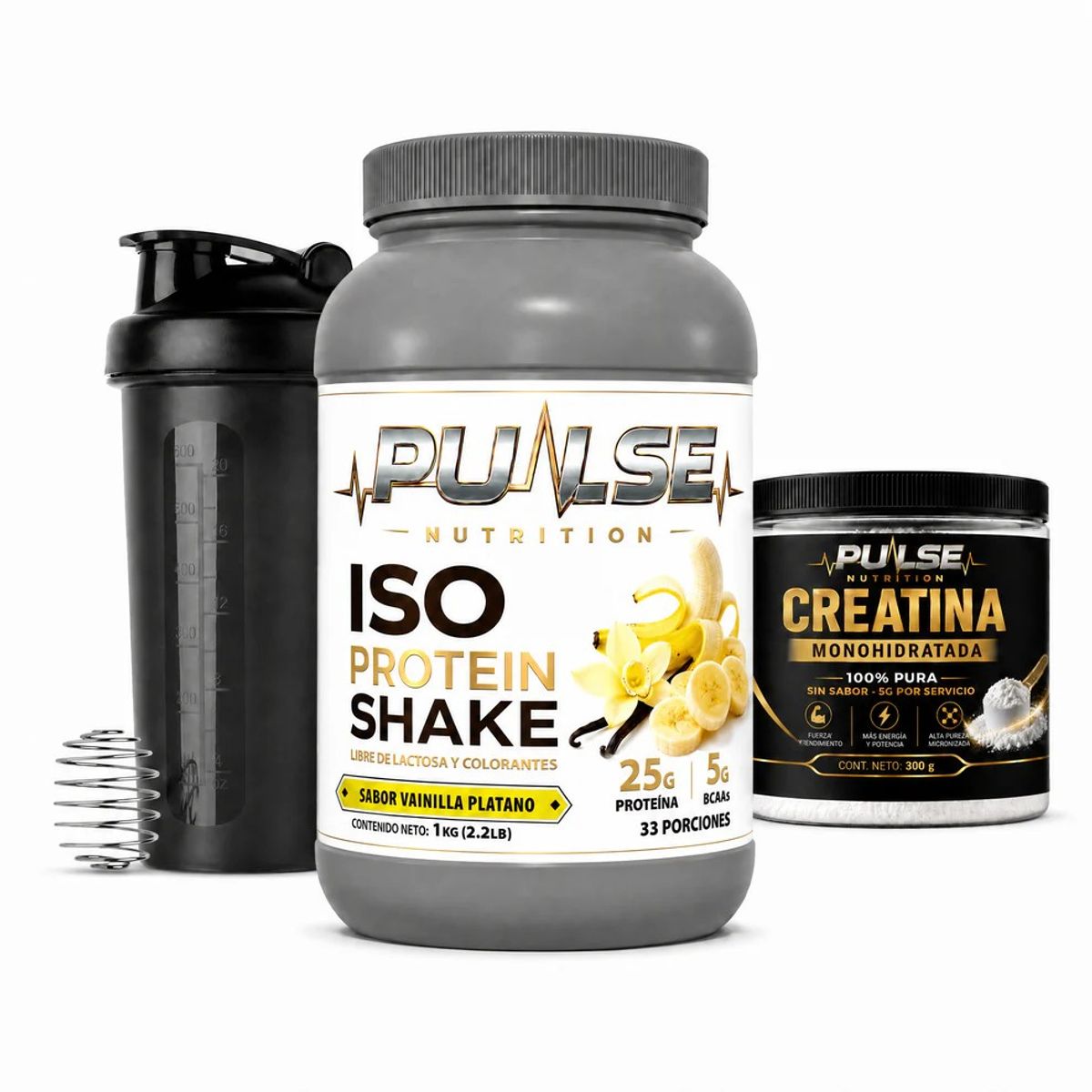 PULSE - PACK PROTEINA ISO SHAKE 2.2LB VAINILLA PLATANO + CREATINA SIN SABOR 300GR + SHAKER- PULSE NUTRITION