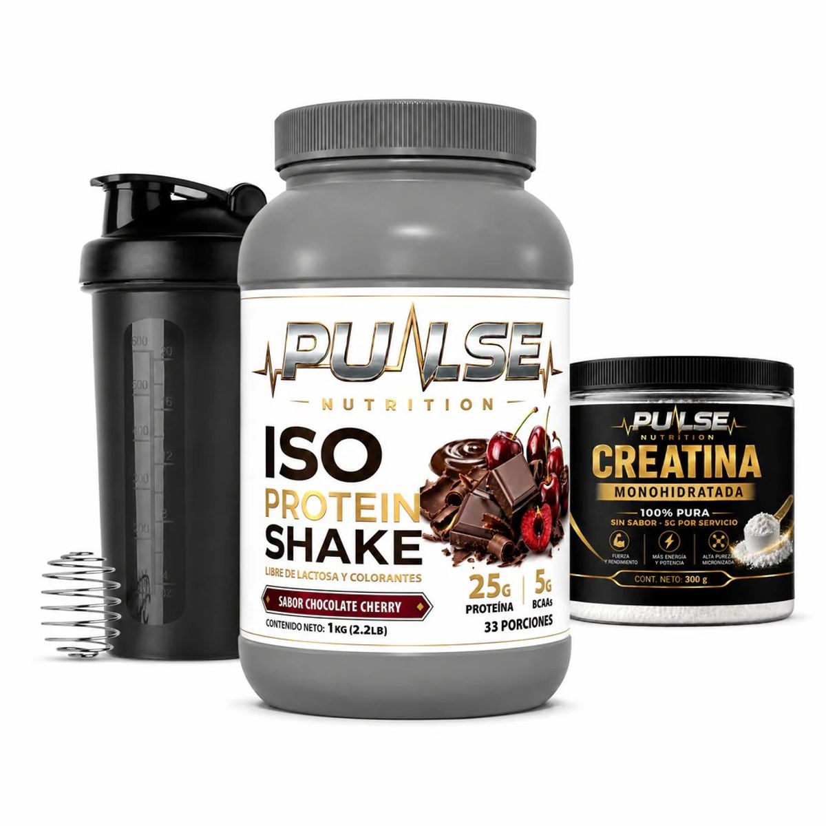 PULSE - PACK PROTEINA ISO SHAKE 2.2LB CHOCOLATE CHERRY + CREATINA SIN SABOR 300GR + SHAKER- PULSE NUTRITION