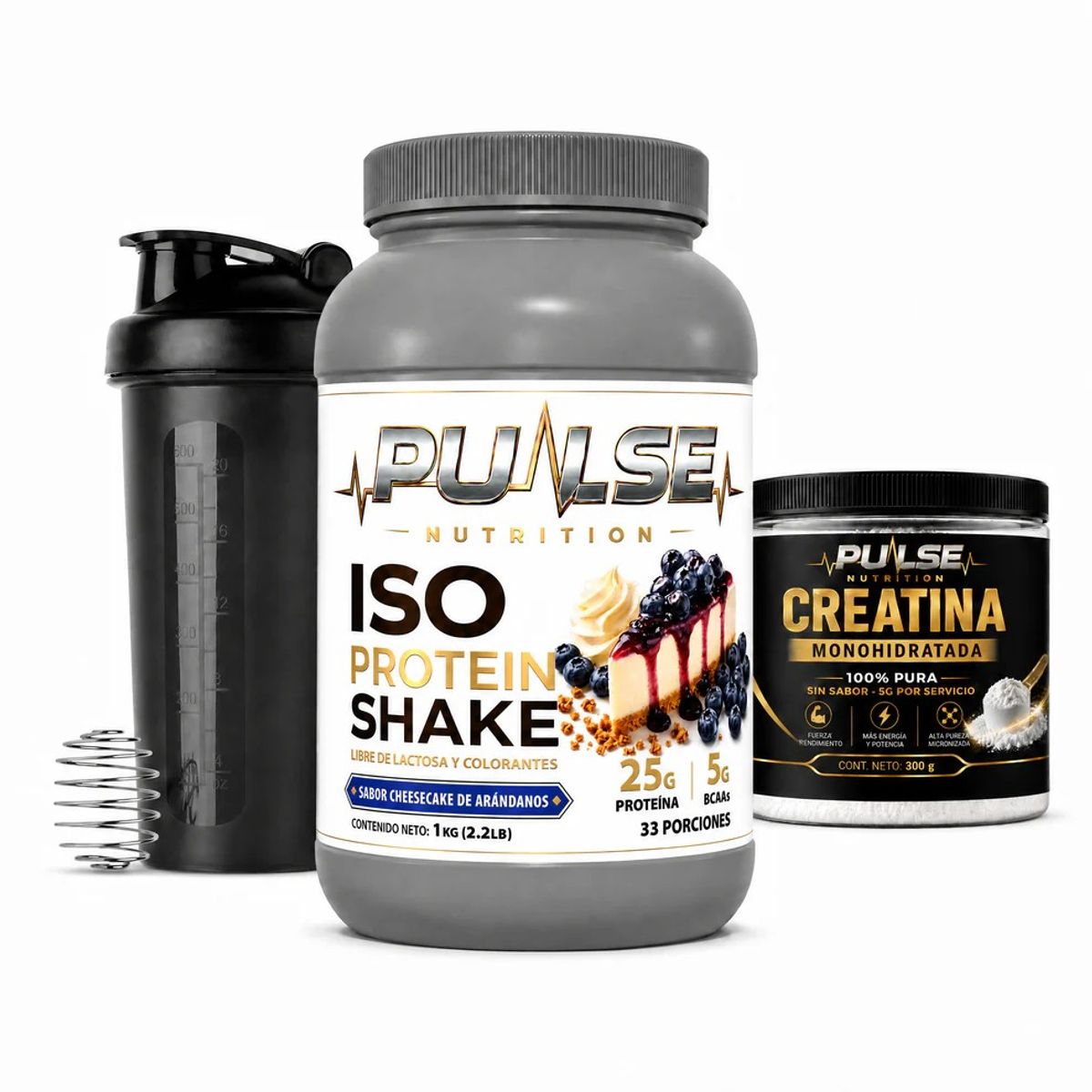 PULSE - PACK PROTEINA ISO SHAKE 2.2LB CHEESECAKE DE ARANDANOS +CREATINA SIN SABOR 300GR + SHAKER- PULSE NUTRITION