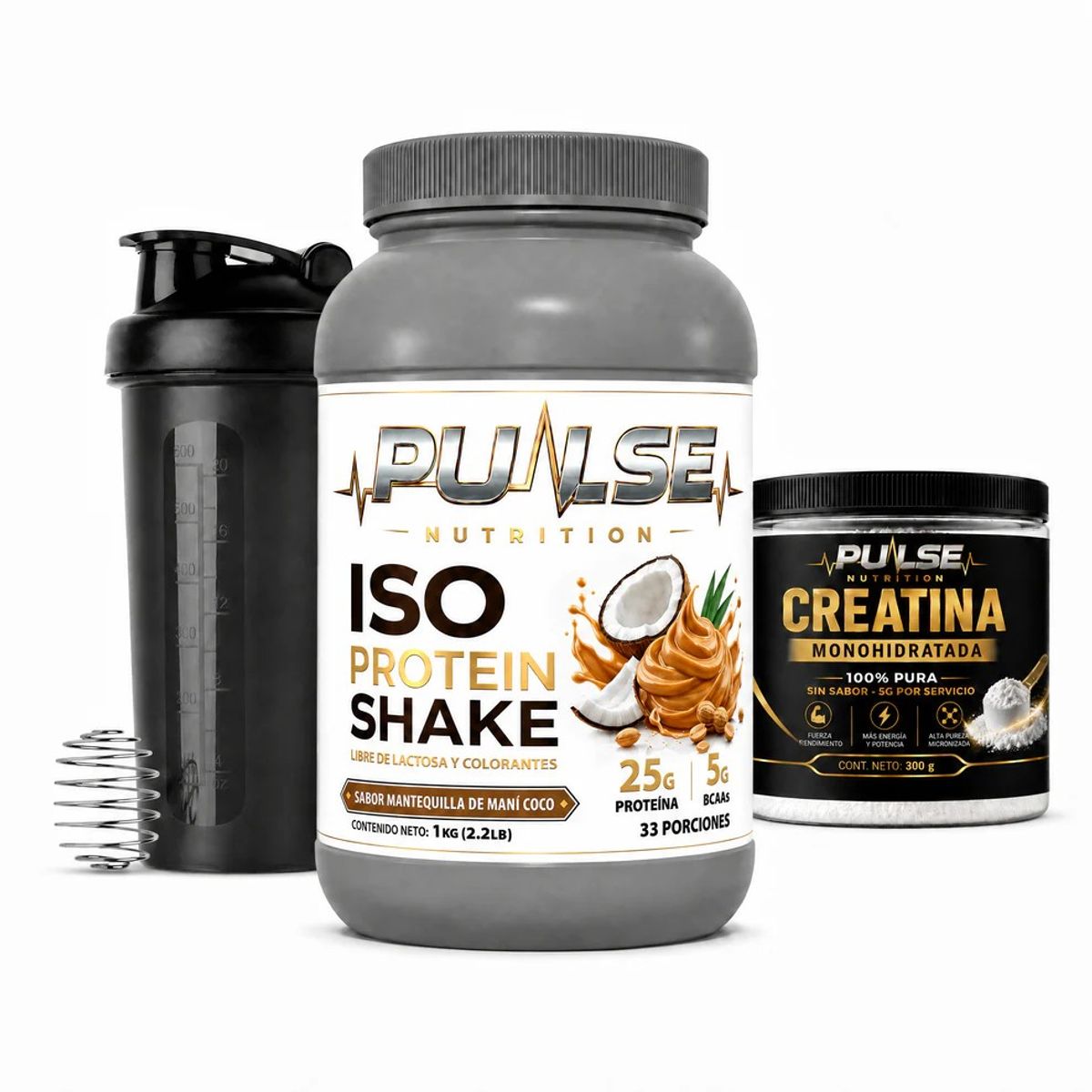 PULSE - PACK PROTEINA ISO SHAKE 2.2LB MANTEQUILLA DE MANI COCO + CREATINA SIN SABOR 300GR + SHAKER- PULSE NUTRITION