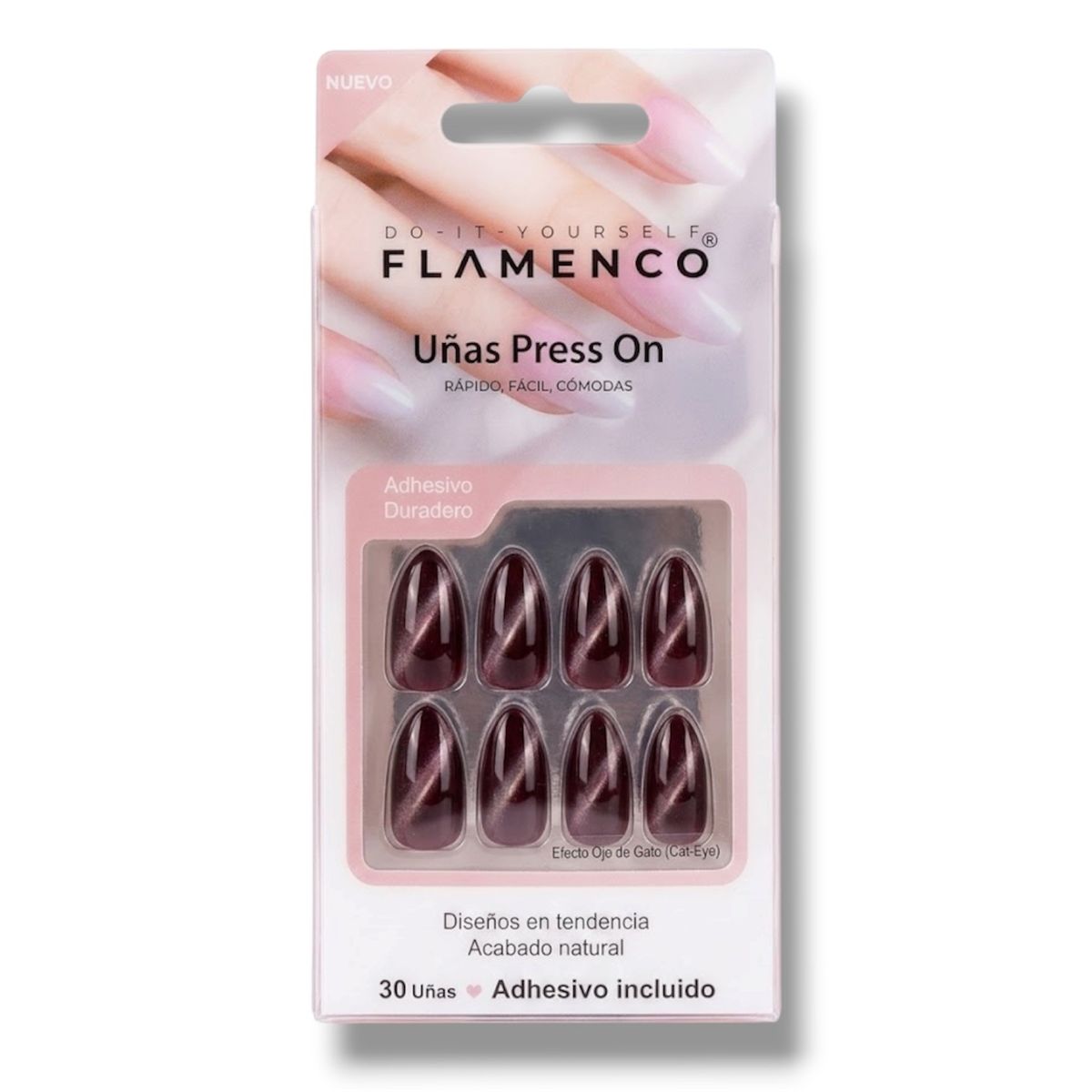 FLAMENCO - Uñas Press - On Con Ojo De Gato Burdeo