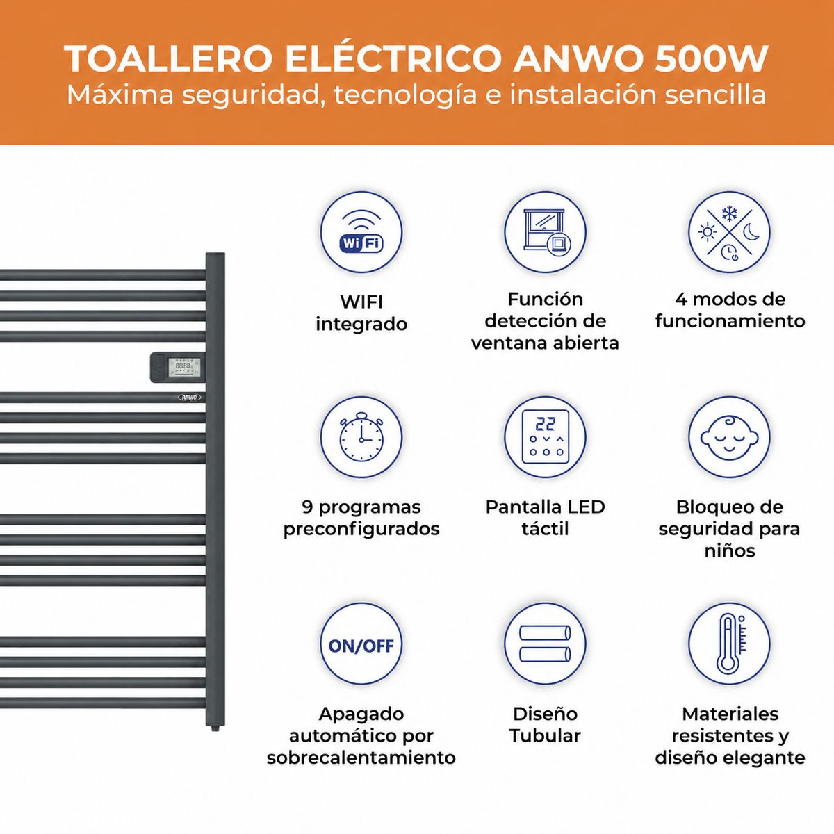 ANWO - Secador de Toallas Electrico Tubular Anwo 500W Con Wifi Gris