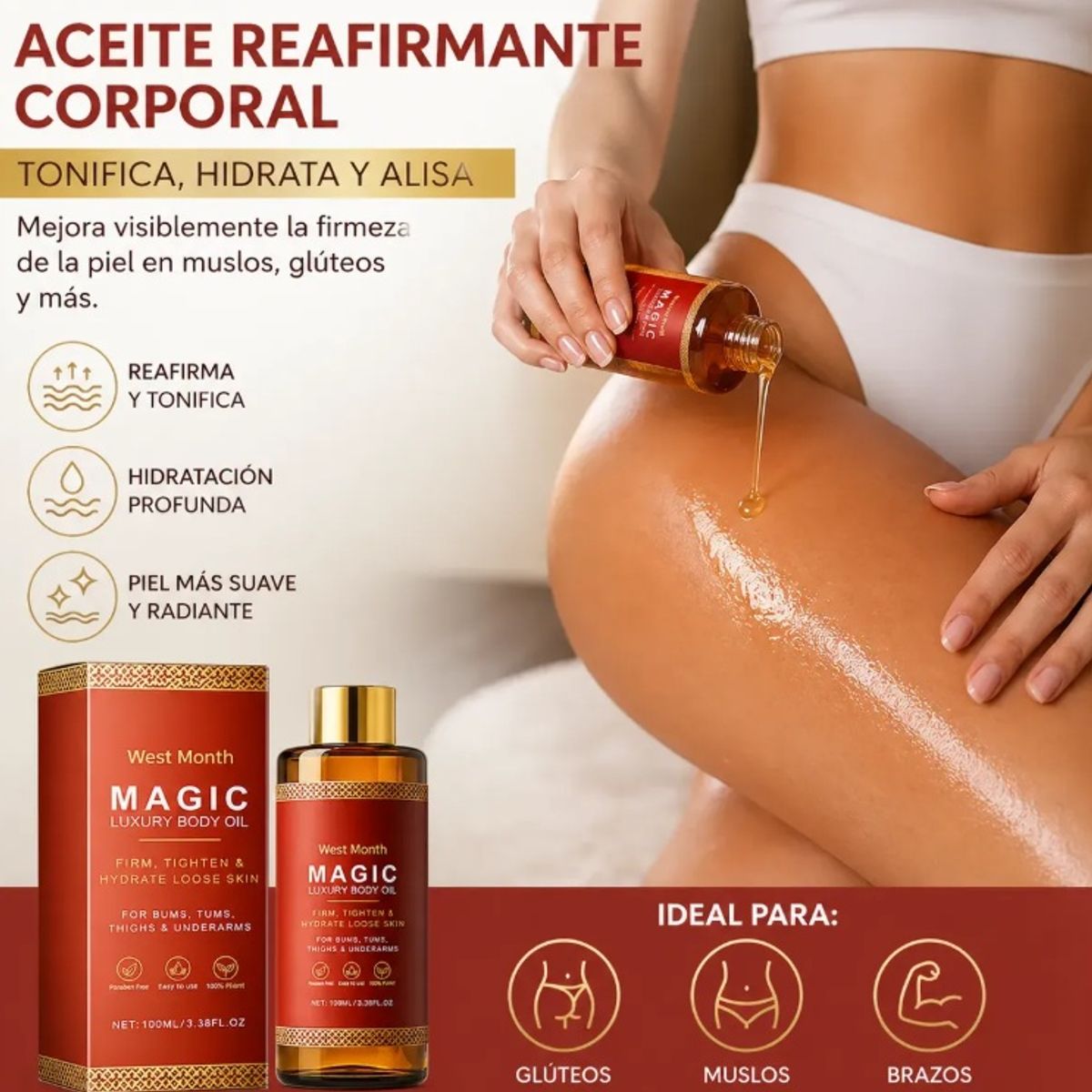 GENERICO - Aceite Corporal Reafirmante Anticelulitis Magic Luxury Body Oil Tonificante Glúteos Abdomen Muslos