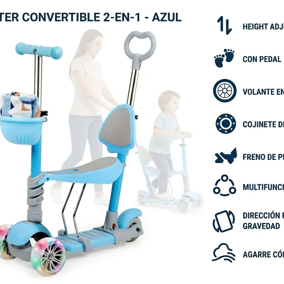GENERICO - Monopatin Infantil 5 En 1 Scooter Asiento Manija Bebe Color Azul