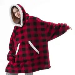 GENERICO - Polerones Felpa Con Capucha Manta Polar Frazada Chiporro Cuadros Rojo