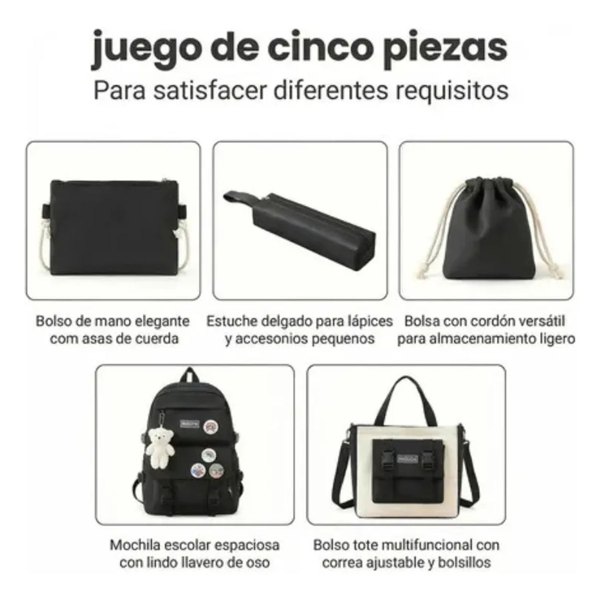 VERCI - Mochila Escolar Urbana Estilo Coreano 5 Piezas Para Viaje