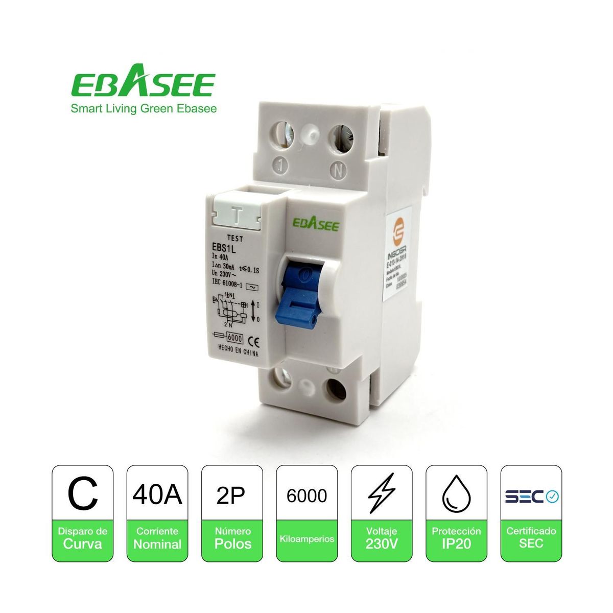 EBASEE - Interruptor Diferencial Ebasee 2x 40a C 6ka Certificado