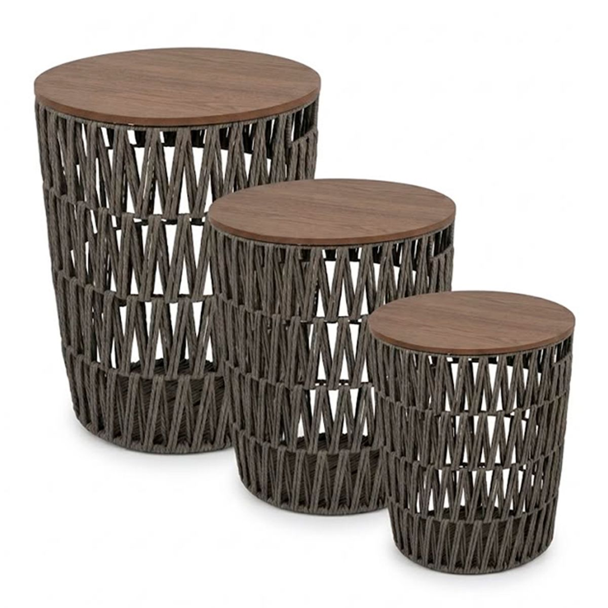 WAKESHOME - Set Mombasa Mesas Auxiliares de Cuerda Trenzada y Madera Living Decohogar