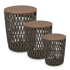 WAKESHOME - Set Mombasa Mesas Auxiliares de Cuerda Trenzada y Madera Living Decohogar