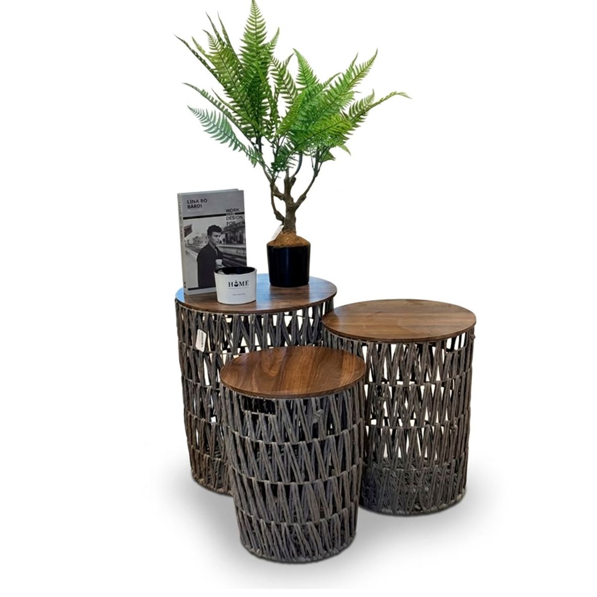 WAKESHOME - Set Mombasa Mesas Auxiliares de Cuerda Trenzada y Madera Living Decohogar