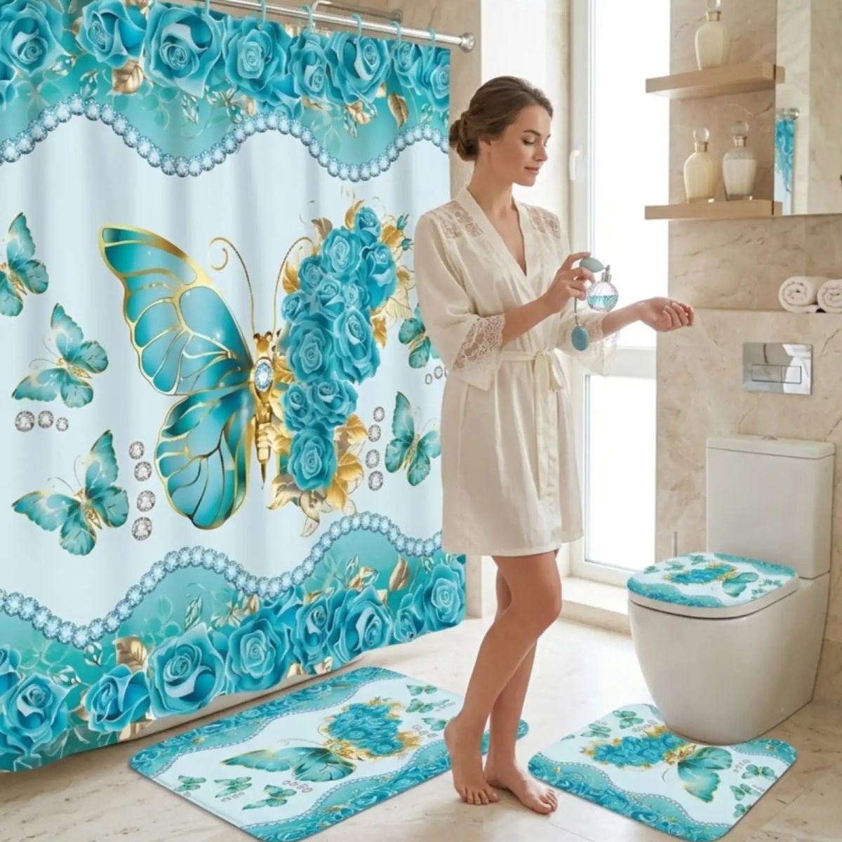 GENERICO - Set De Baño 4 Piezas Cortina Impermeable, Alfombras Y Funda De Inodoro
