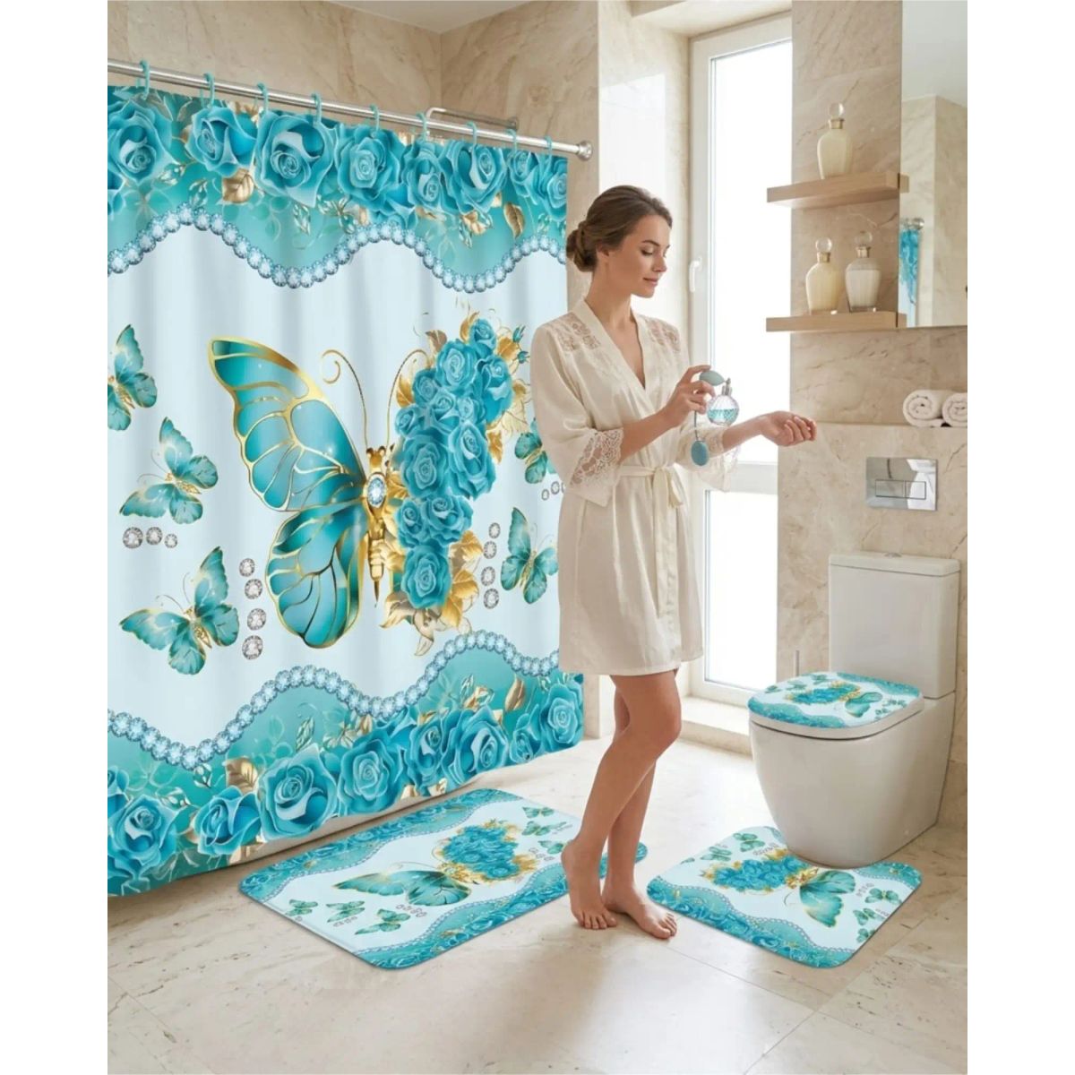 GENERICO - Set De Baño 4 Piezas Cortina Impermeable, Alfombras Y Funda De Inodoro