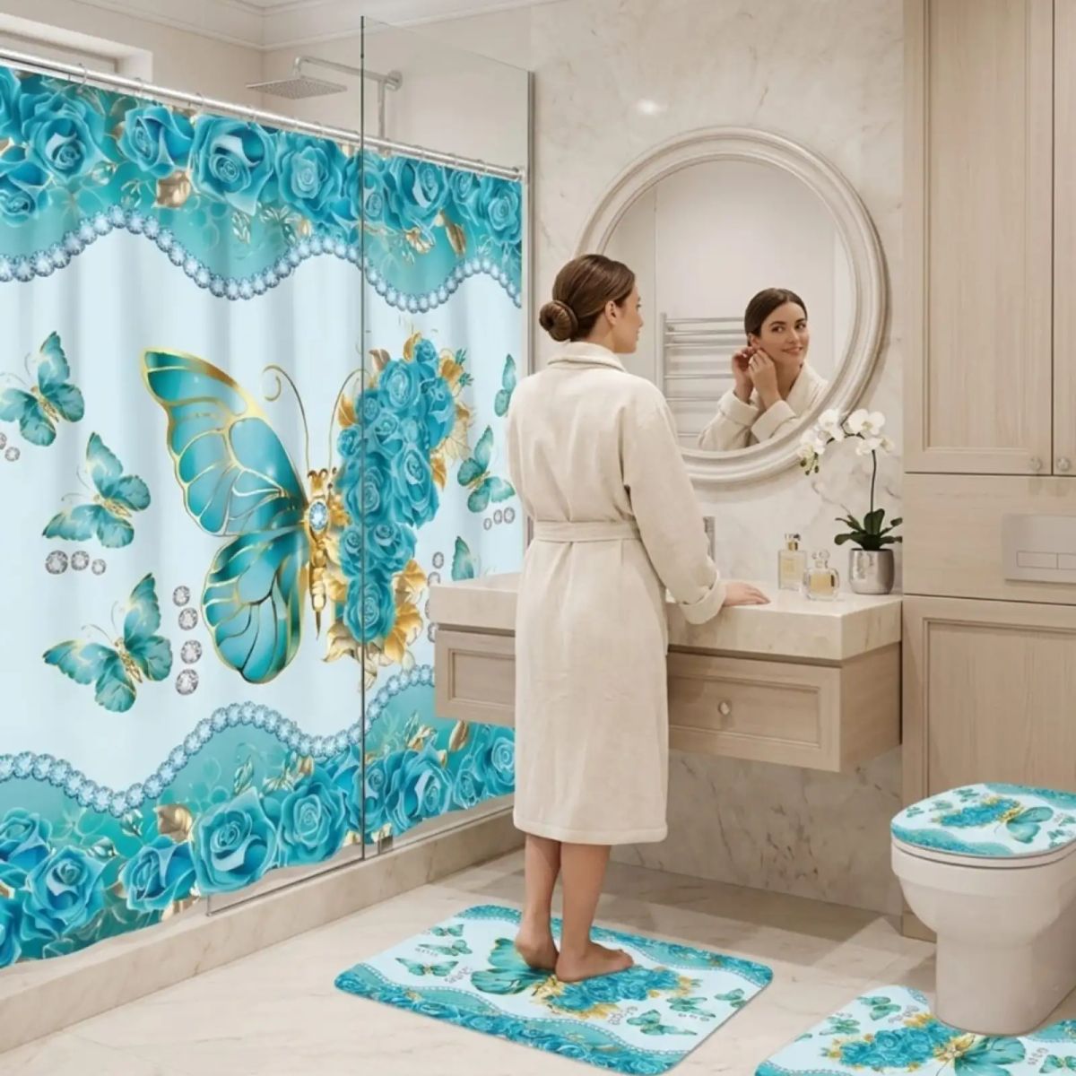 GENERICO - Set De Baño 4 Piezas Cortina Impermeable, Alfombras Y Funda De Inodoro