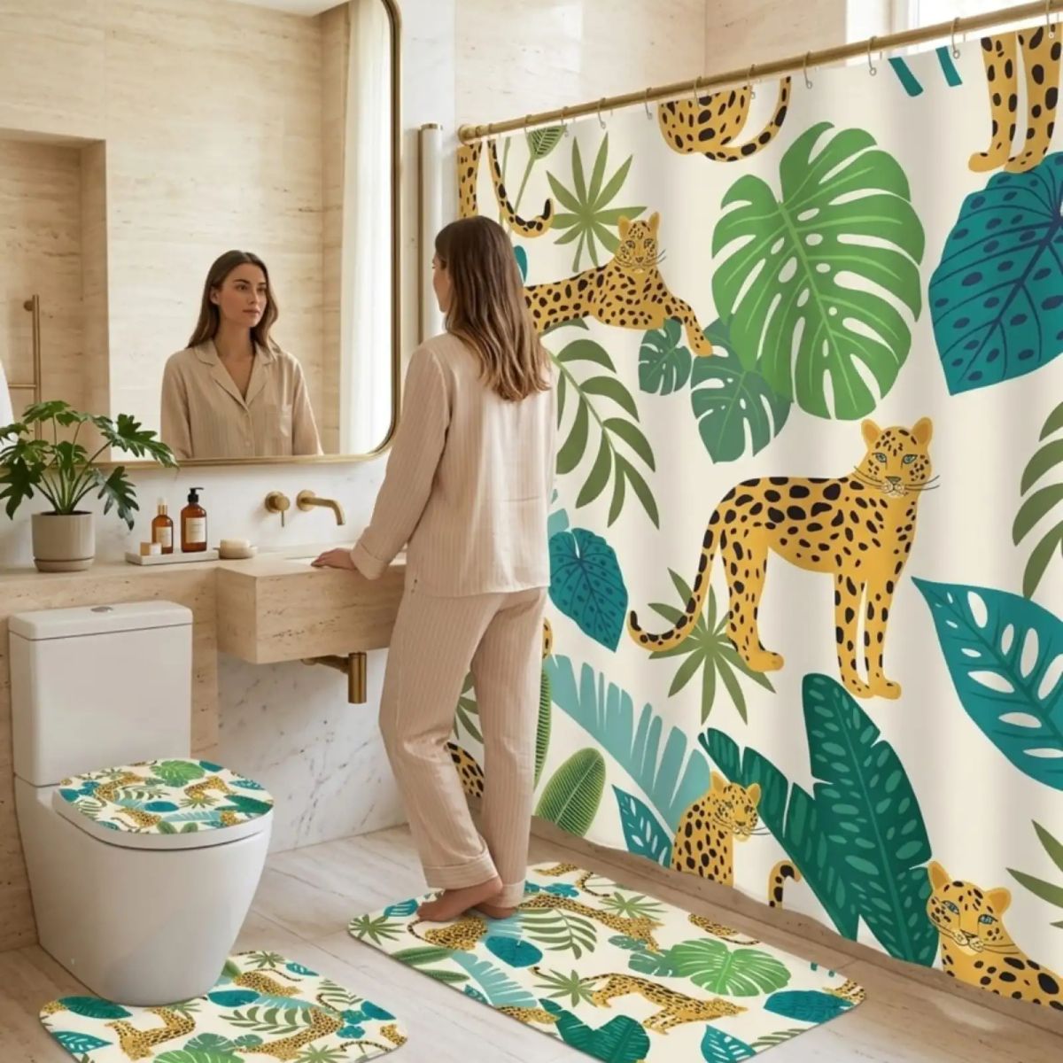 GENERICO - Set De Baño 4 Piezas Cortina Impermeable, Alfombras Y Funda De Inodoro