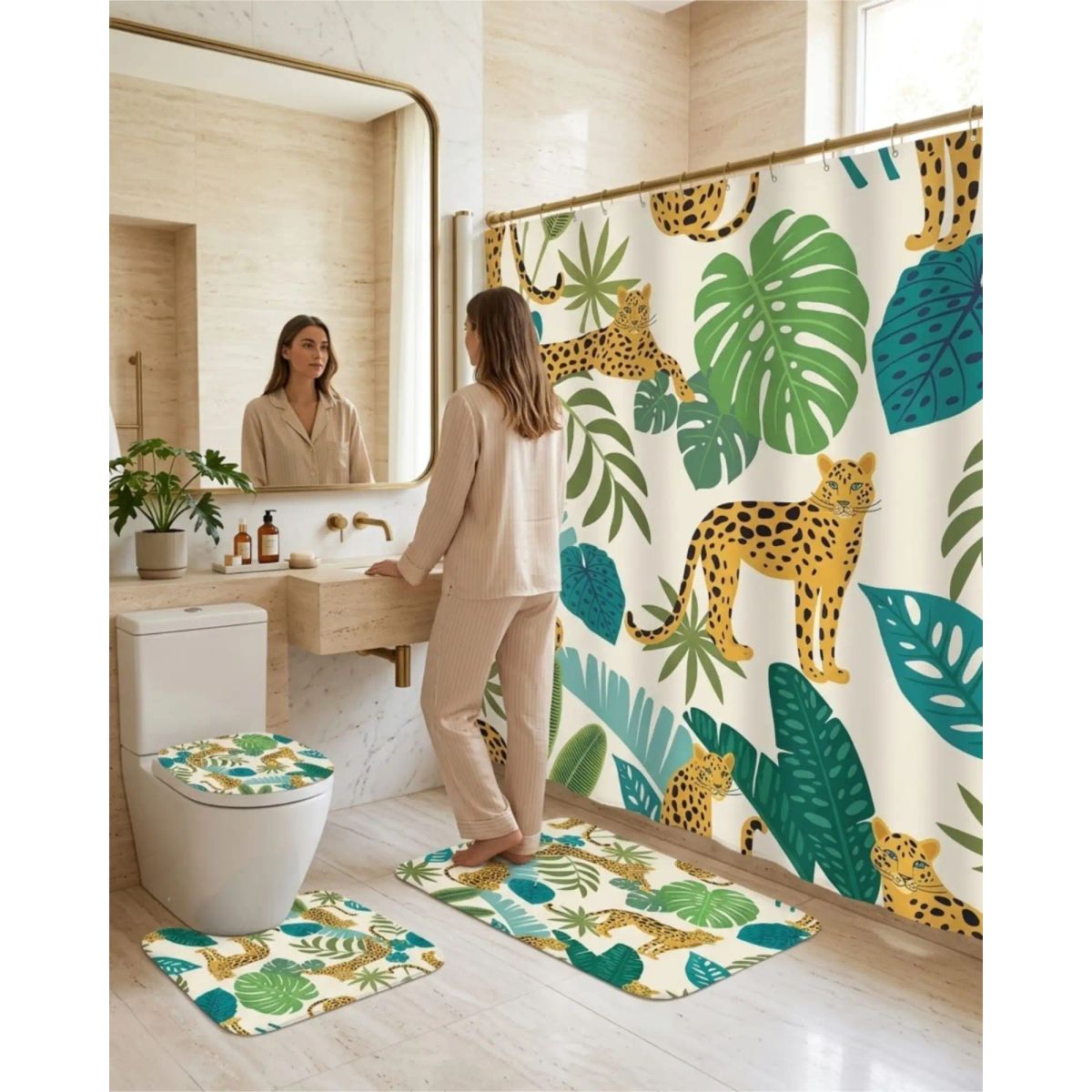 GENERICO - Set De Baño 4 Piezas Cortina Impermeable, Alfombras Y Funda De Inodoro