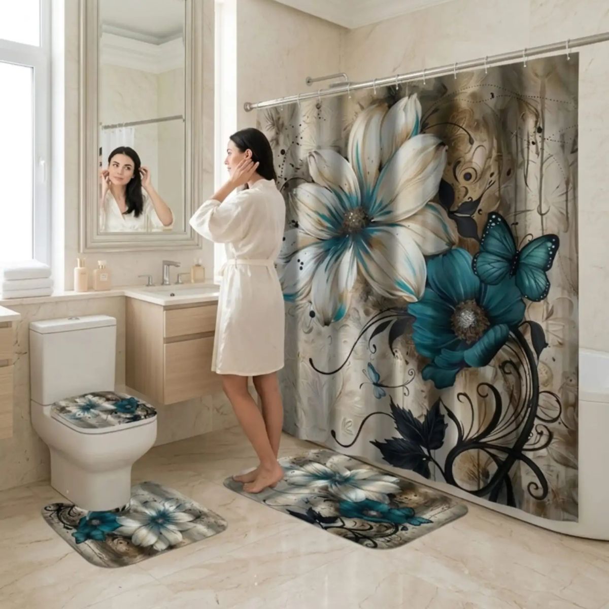 GENERICO - Set De Baño 4 Piezas Cortina Impermeable, Alfombras Y Funda De Inodoro