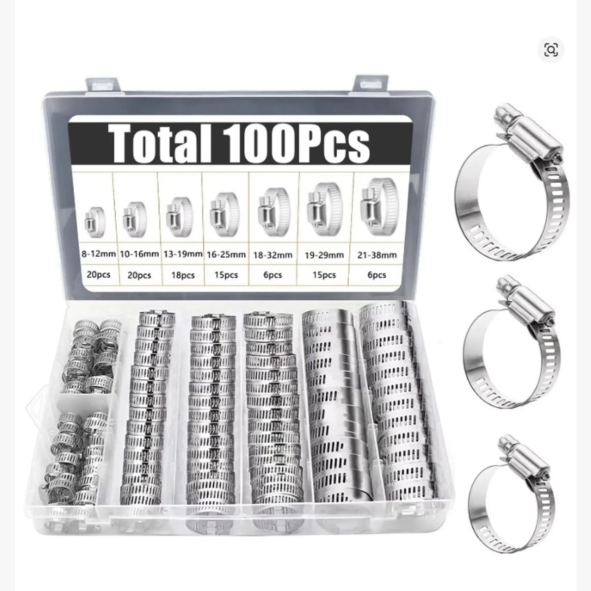 GENERICO - Pack x100 Abrazaderas Manguera Metálica 8 Medidas Pervoi 2RL Hose Clamp Retainer Kit-215
