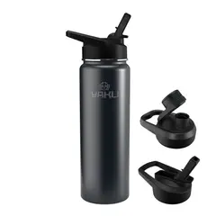YAKU - Termo Botella Térmica 700ml Acero Inoxidable Black + 2 Tapas Intercambiables