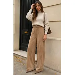 GENERAL - Pantalón Mujer Gamuza Recto + Cinturón Ancho