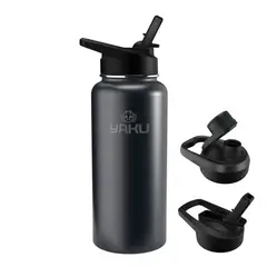 YAKU - Termo Botella Térmica 1000ml Acero Inoxidable Black + 2 Tapas Intercambiables