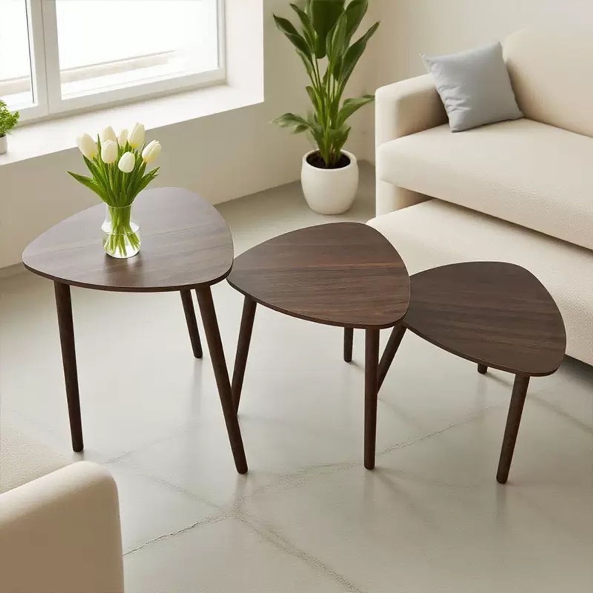 OKAY - Set 3 Mesas Nido Elipse Triangular Auxiliares Modernas Café