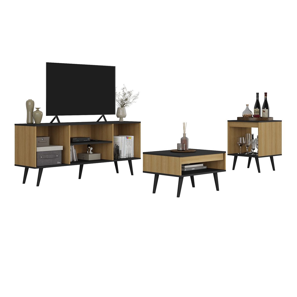 MONS - Mons Tokio Rack TV + Mesa de Centro + Mesa Lateral MelPreto