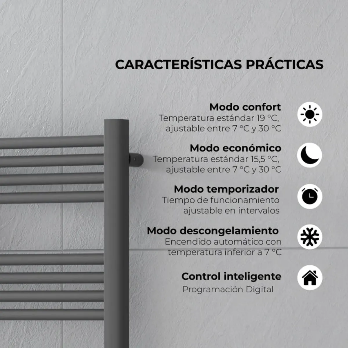 VERKEN - Secador de Toallas para Baño con WIFI - Calentador Toallero Eléctrico Mural - Viglio Negro Cable Izquierdo
