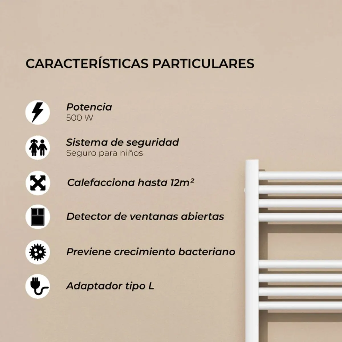 VERKEN - Secador Toallas Vesubio - Calentador Toallero Eléctrico Mural - Blanco Cable Izquierdo
