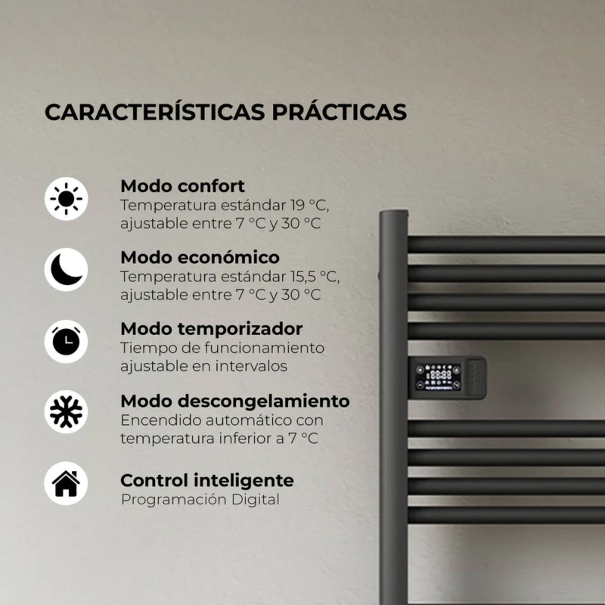 VERKEN - Secador Toallas Vesubio - Calentador Toallero Eléctrico Mural - Negro Cable Izquierdo