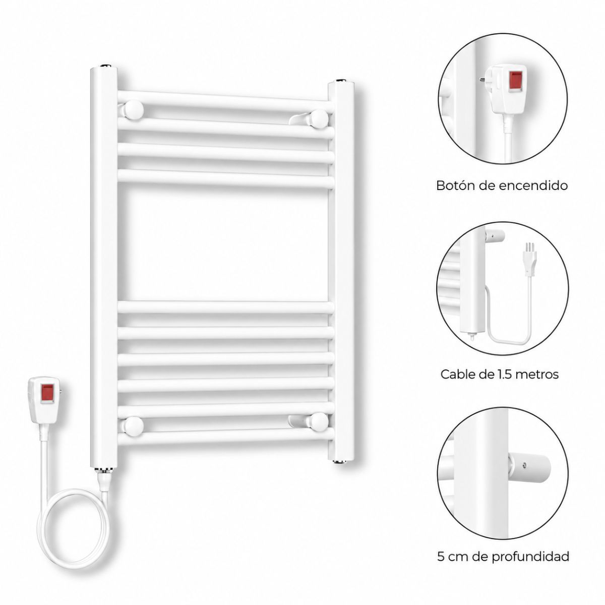 VERKEN - Secador de Toallas Eléctrico para Baño 200W Mural 60x50 cm Blanco Cable Izquierdo
