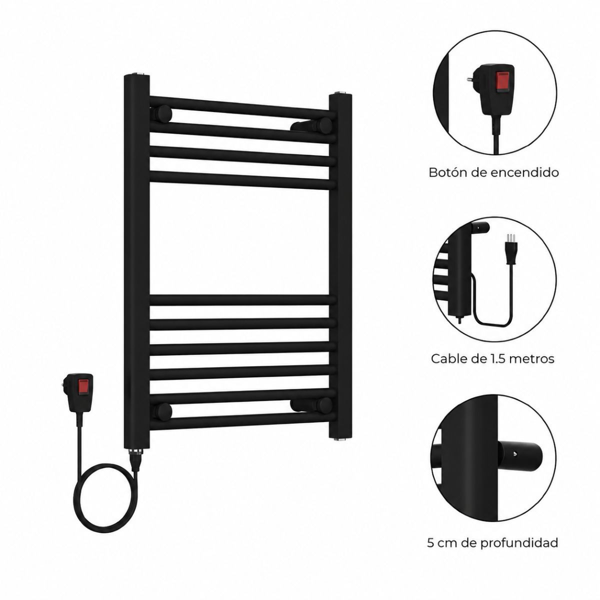 VERKEN - Secador de Toallas Eléctrico para Baño 200W Mural 60x50 cm Negro Cable Izquierdo