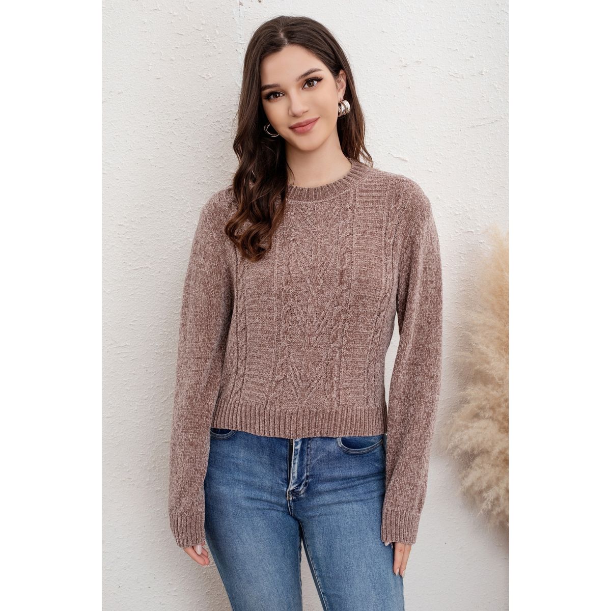 LIKE SHOP - Sweater Mujer Chenille Tejido Trenzas Cuello Redondo Invierno 6012