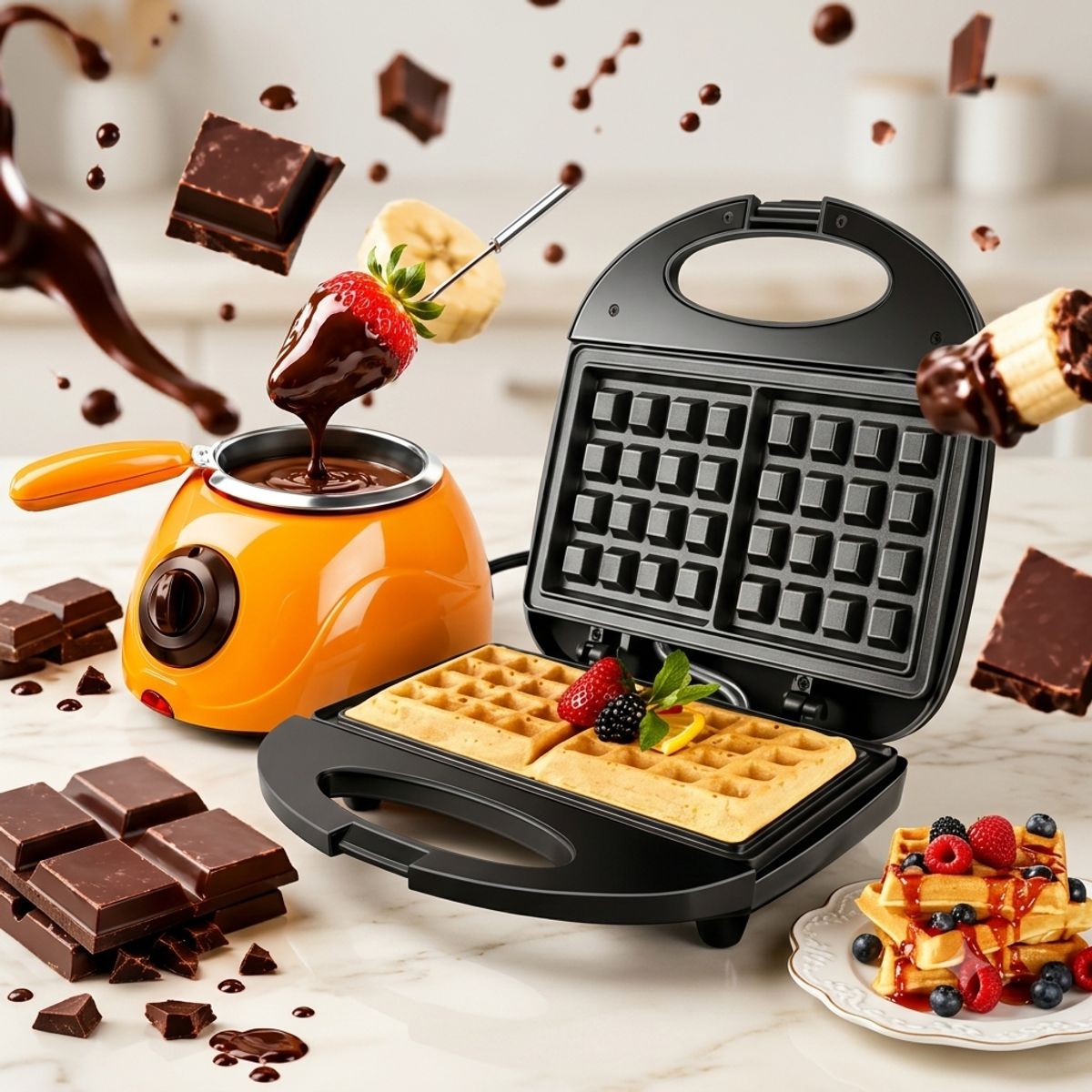 IRM - Set Waflera Cuadrada Fondue Chocolate Maquina Chocolatera Cascada Kit Dulces Hogar R&L Group