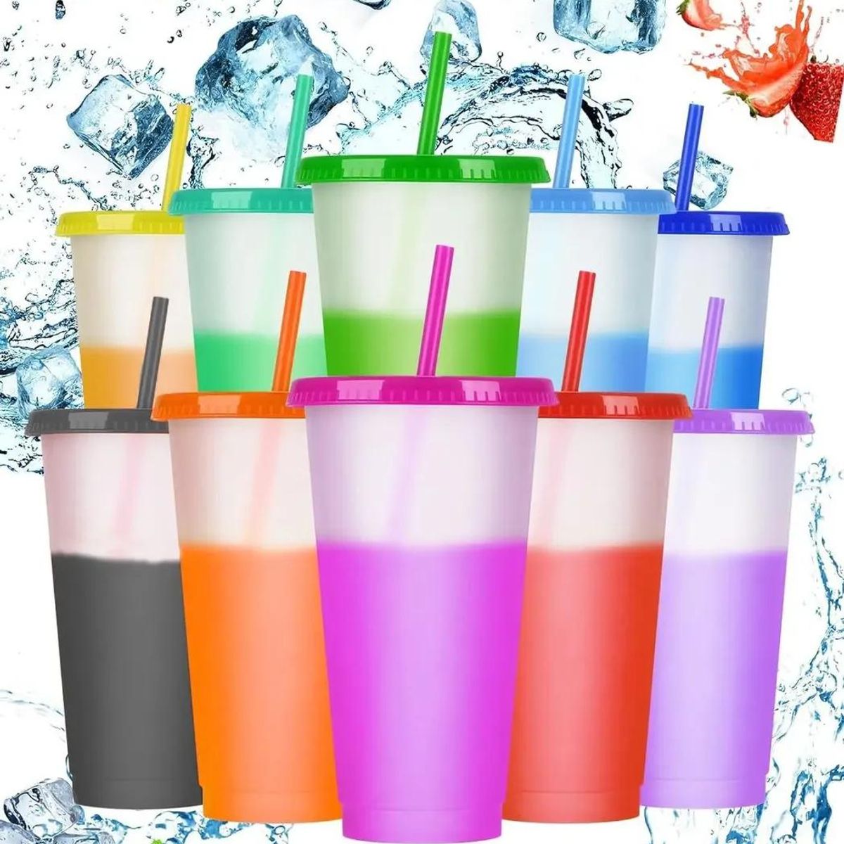 GENERICO - Set 10 Vasos Cambia Color con Tapa y Popote 710ml