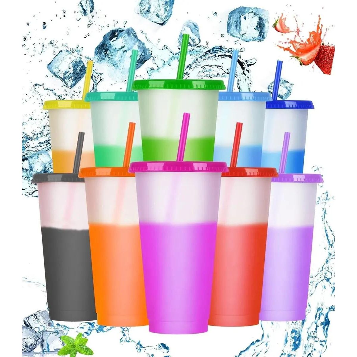 GENERICO - Set 10 Vasos Cambia Color con Tapa y Popote 710ml