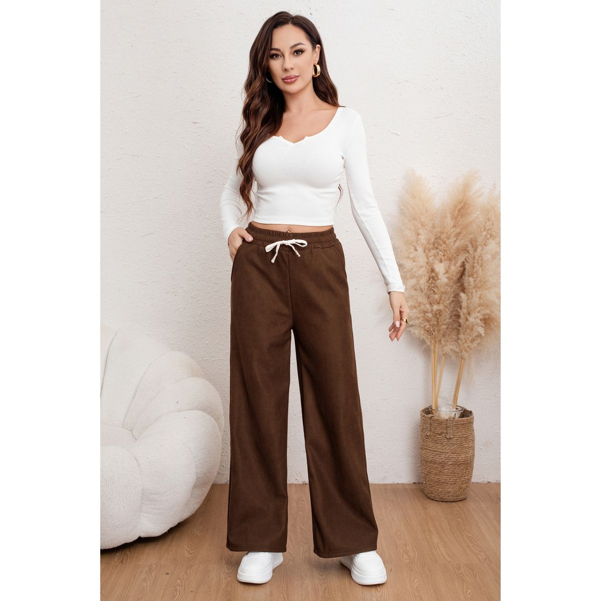 LIKE SHOP - Pantalón Ancho Mujer Cotelé Invierno Forro Interior Polar 7163