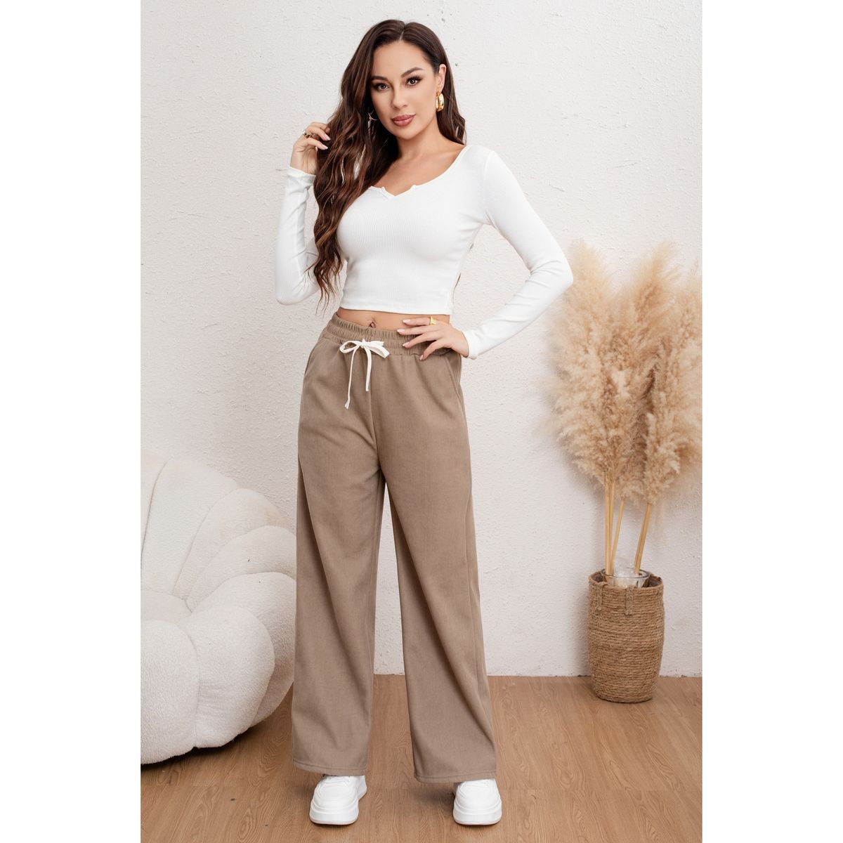 LIKE SHOP - Pantalón Ancho Mujer Cotelé Invierno Forro Interior Polar 7163