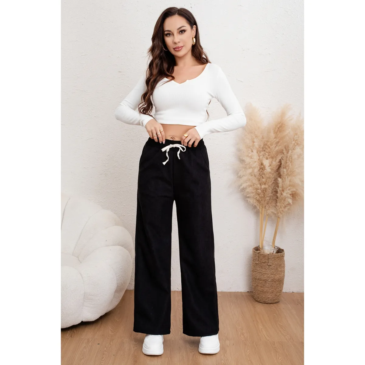 LIKE SHOP - Pantalón Ancho Mujer Cotelé Invierno Forro Interior Polar 7163