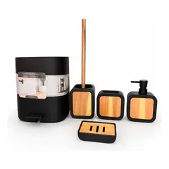 GENERICO - Set 5 Accesorios Baño con Tapa de Bambú y Papelera