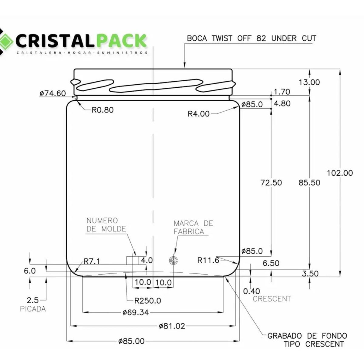 GENERICO - Pack 12 Frascos Conserveros 450cc con Tapa 82mm