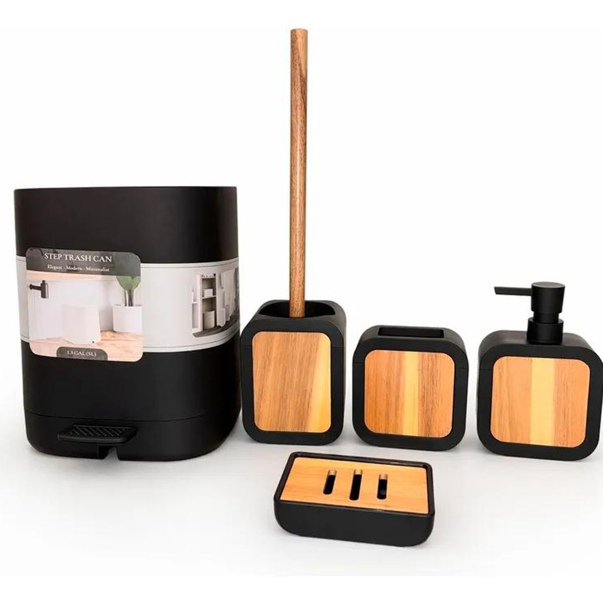 GENERICO - Set 5 accesorios baño con tapa bambú y papelera WC