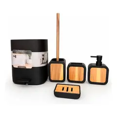 GENERICO - Set 5 accesorios baño con tapa bambú y papelera WC
