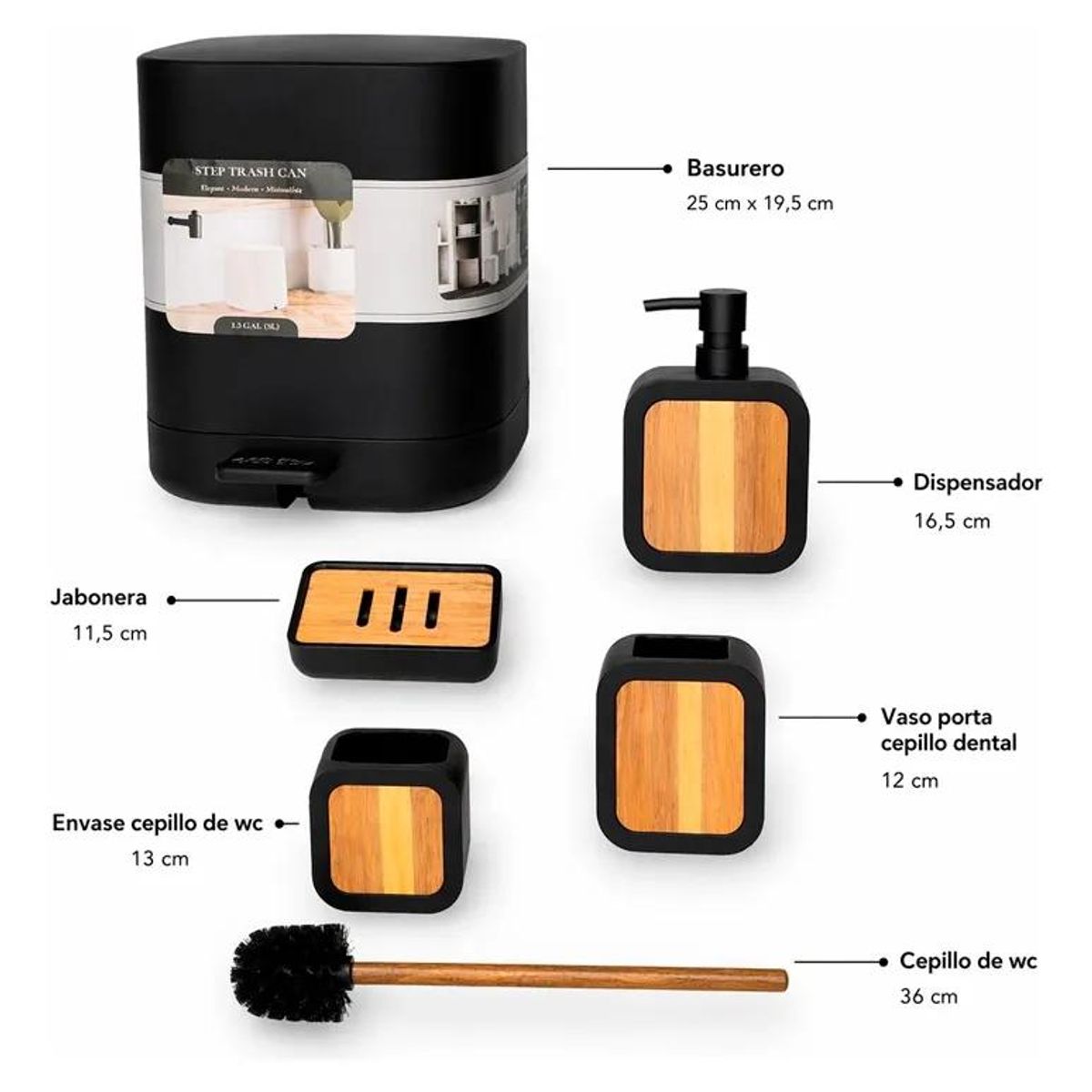GENERICO - Set 5 accesorios baño con tapa bambú y papelera WC