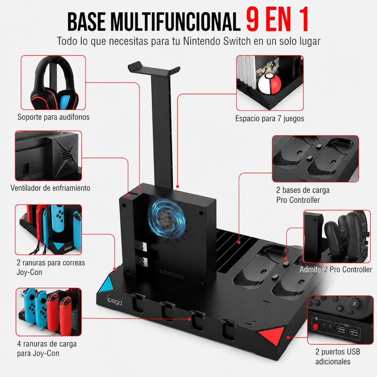 ACTUAL - Base Vertical Multifuncional 9 en 1 Compatible Nintendo Switch Base Carga y Sistema de Enfriamiento