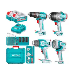 TOTAL TOOLS - Kit Taladro 96nm + Llave Impacto 1350nm + Linterna + Pistola Calor y Acc Total