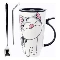 GENERICO - Taza grande 650ml con tapa, cuchara y bombilla