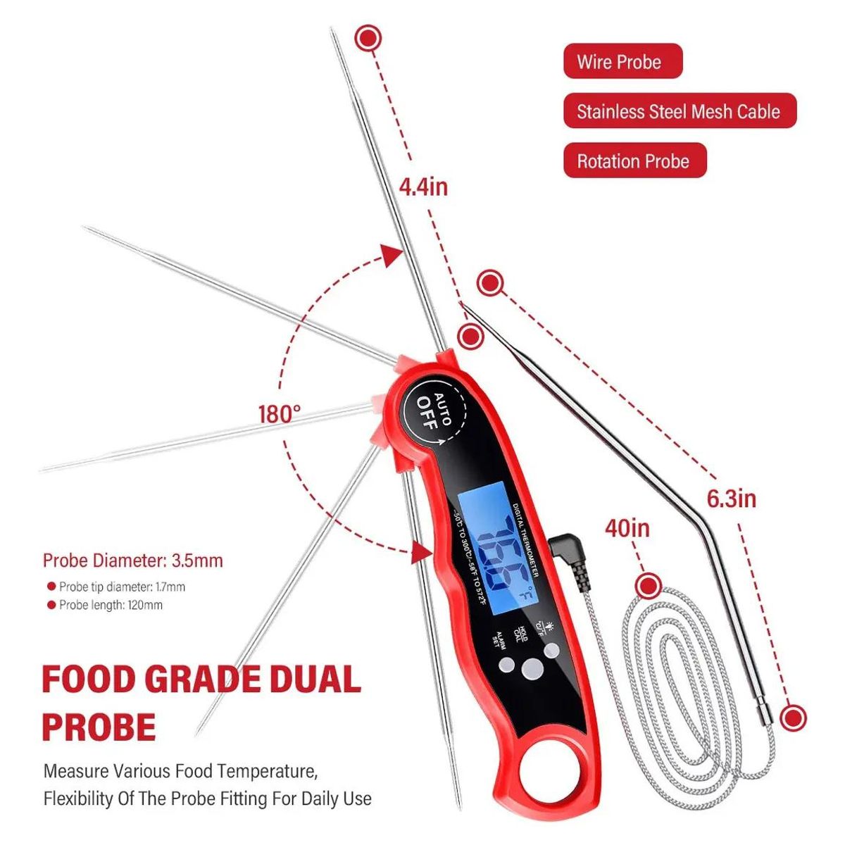 GENERICO - Termómetro Digital para Carne con Doble Sonda y Alarma