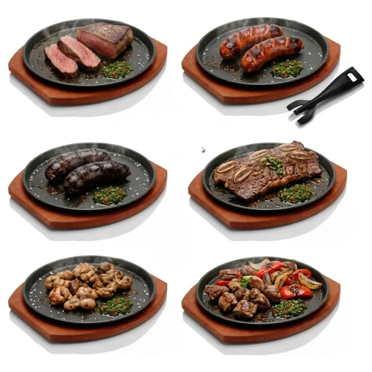 GENERICO - Set 6 Platos de Hierro 23 cm con Base de Madera y Pinza