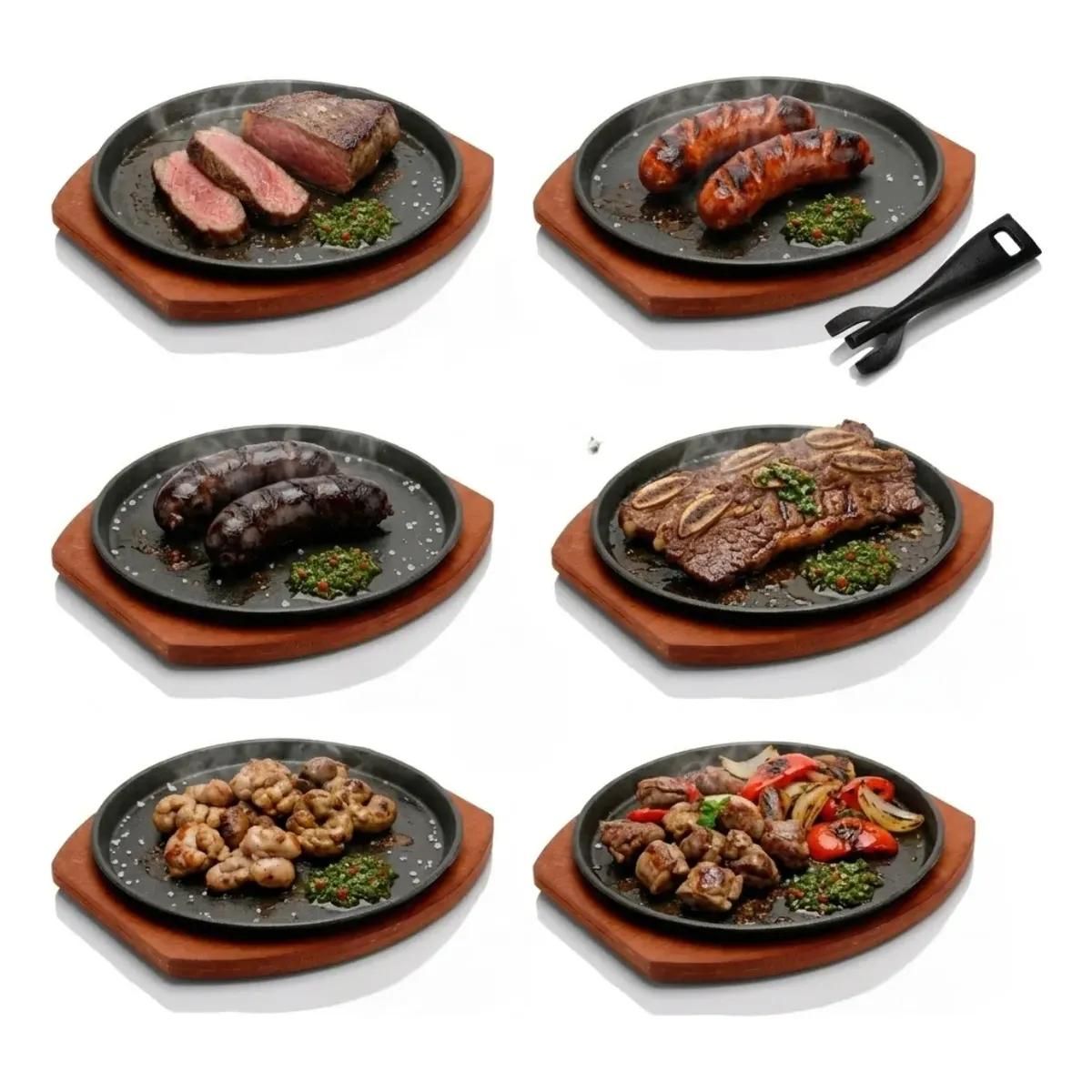 GENERICO - Set 6 Platos de Hierro 23 cm con Base de Madera y Pinza