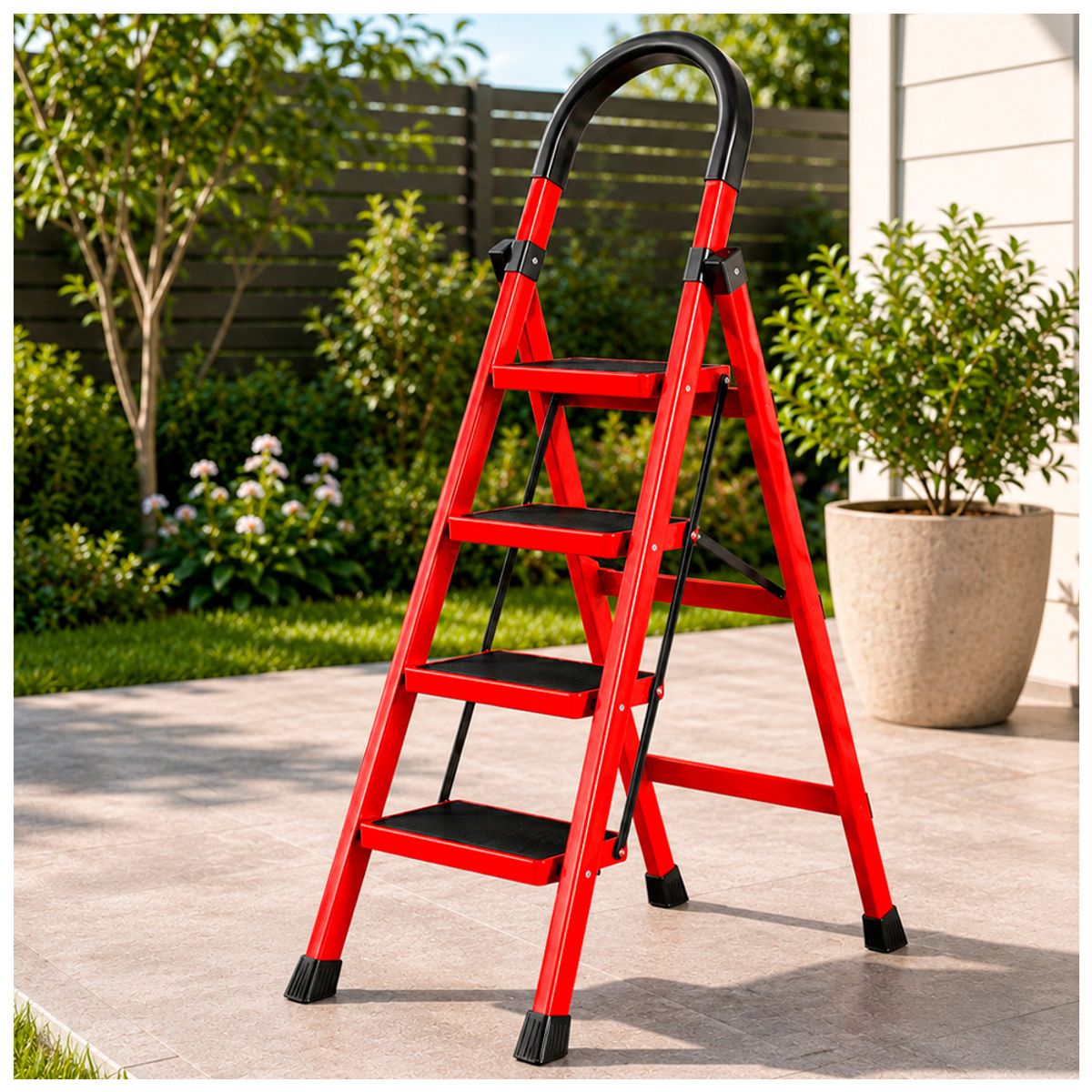 IRM - Escalera De Tijera Metálica Roja 4 Peldaños Plegable Hogar